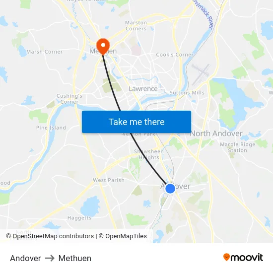 Andover to Methuen map