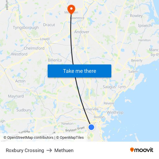 Roxbury Crossing to Methuen map