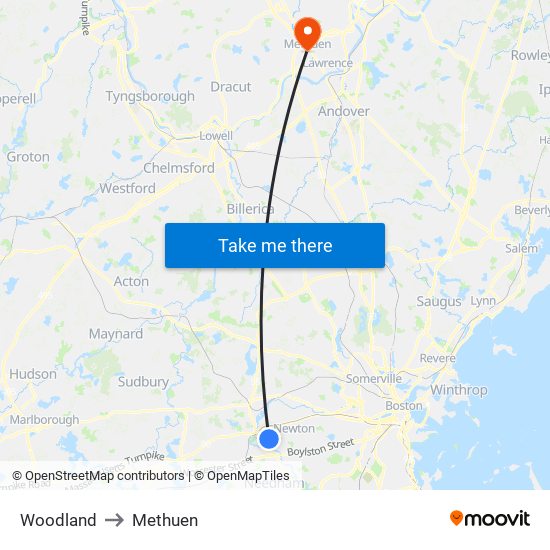 Woodland to Methuen map
