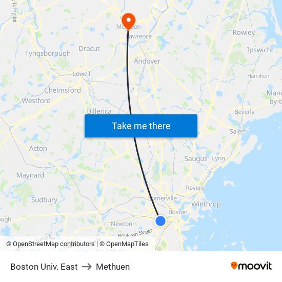 Boston Univ. East to Methuen map