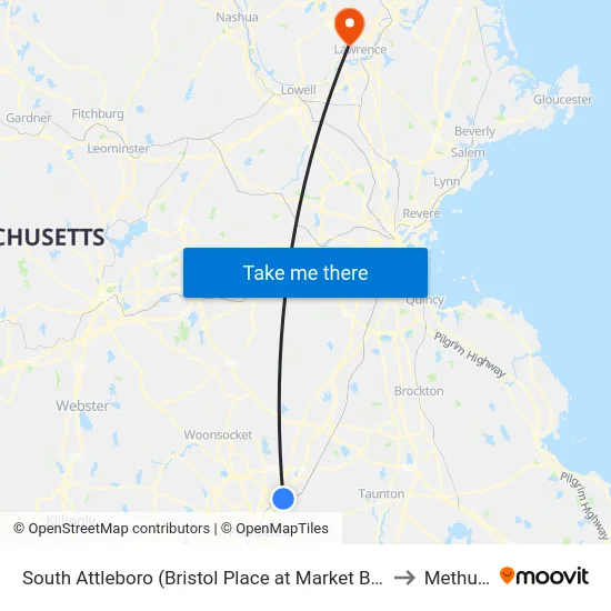 South Attleboro (Bristol Place at Market Basket) to Methuen map