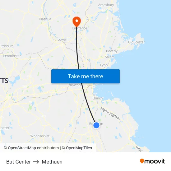 Bat Center to Methuen map
