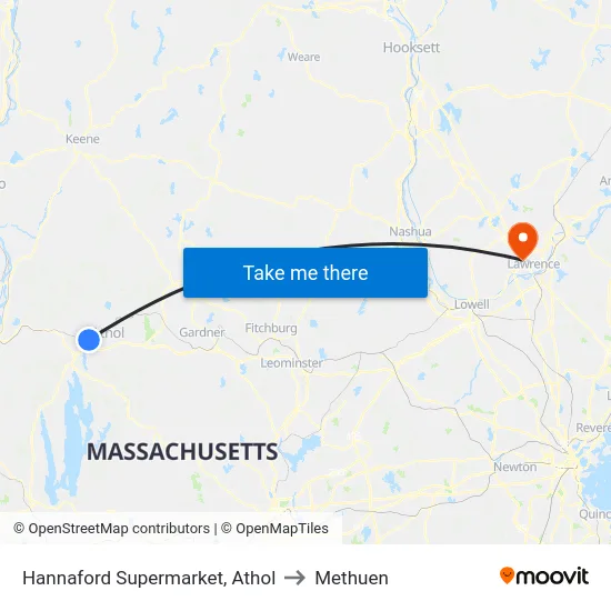 Hannaford Supermarket, Athol to Methuen map