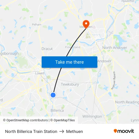 North Billerica Train Station to Methuen map