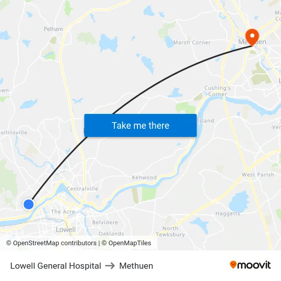 Lowell General Hospital to Methuen map