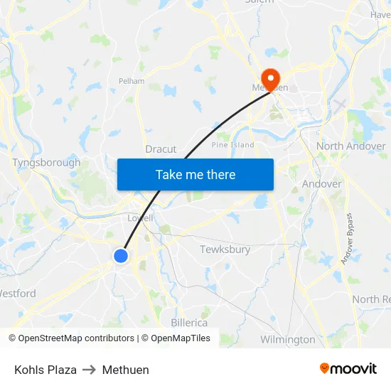 Kohls Plaza to Methuen map