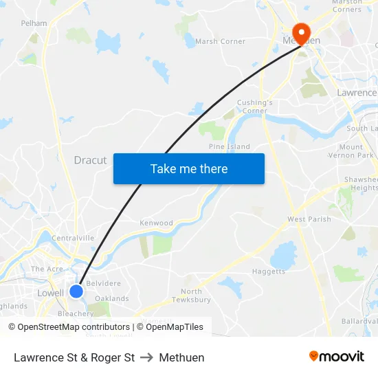 Lawrence St & Roger St to Methuen map