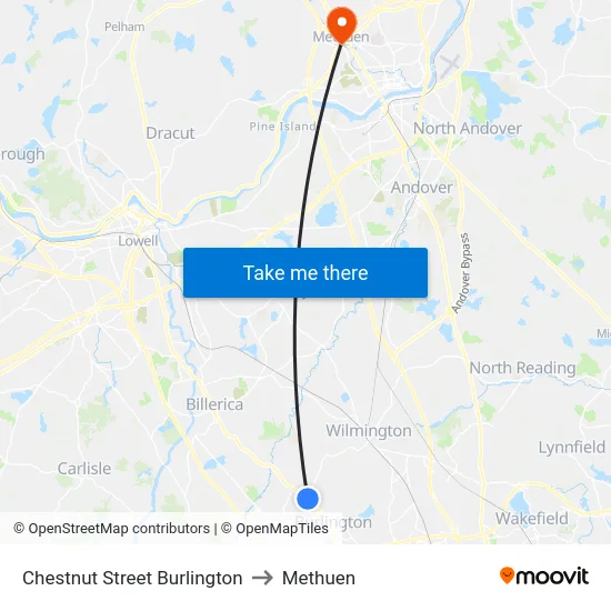 Chestnut Street Burlington to Methuen map