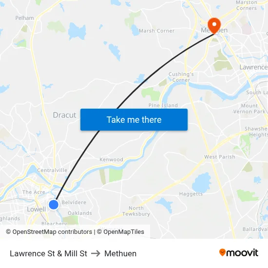 Lawrence St & Mill St to Methuen map