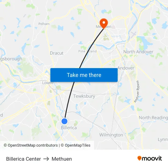 Billerica Center to Methuen map