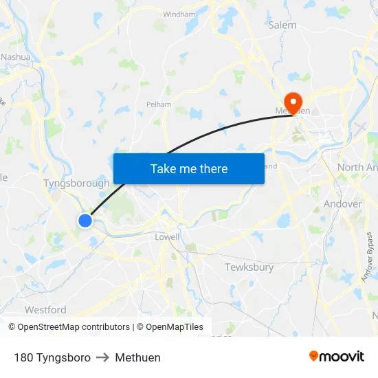180 Tyngsboro to Methuen map