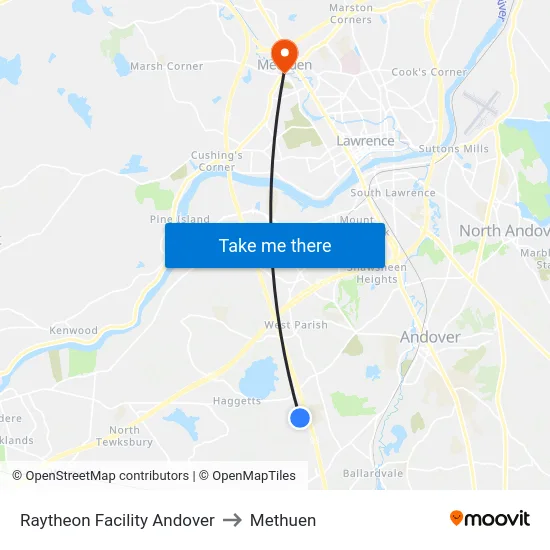 Raytheon Facility Andover to Methuen map