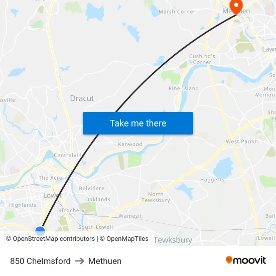 850 Chelmsford to Methuen map