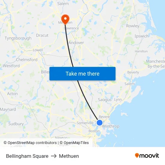 Bellingham Square to Methuen map