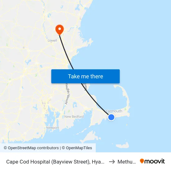 Cape Cod Hospital (Bayview Street), Hyannis to Methuen map