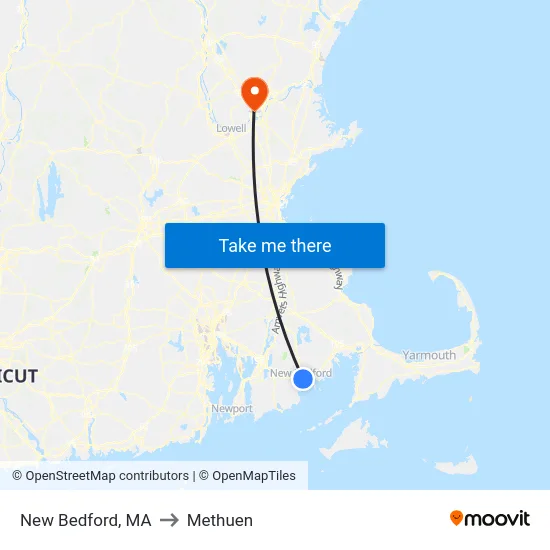 New Bedford, MA to Methuen map