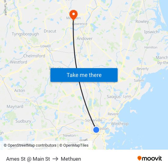 Ames St @ Main St to Methuen map