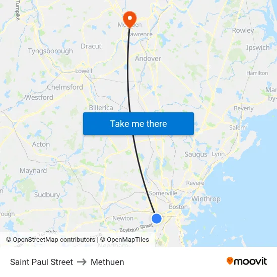Saint Paul Street to Methuen map
