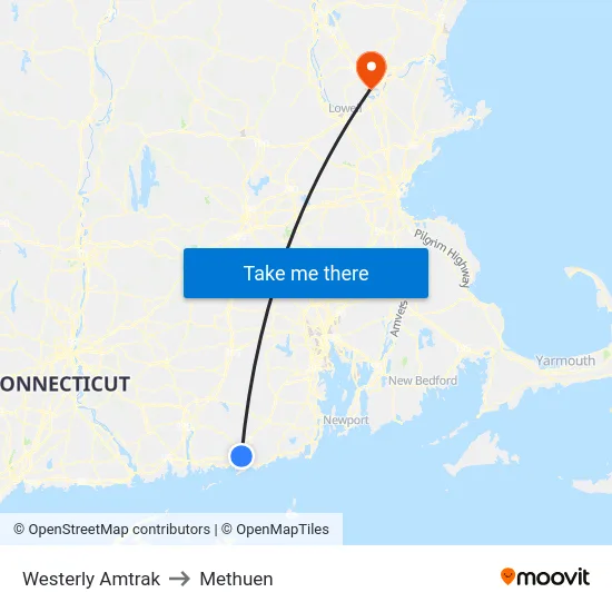 Westerly Amtrak to Methuen map