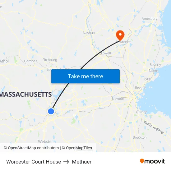 Worcester Court House to Methuen map