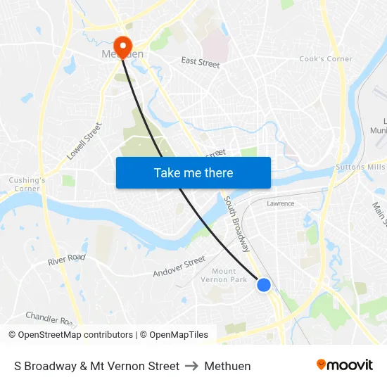 S Broadway & Mt Vernon Street to Methuen map
