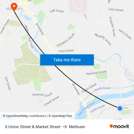 S Union Street & Market Street to Methuen map