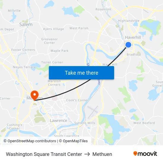 Washington Square Transit Center to Methuen map