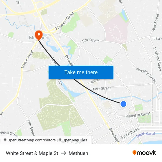 White Street & Maple St to Methuen map