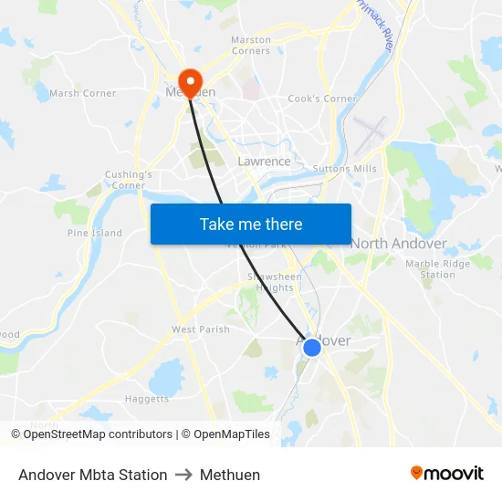 Andover Mbta Station to Methuen map