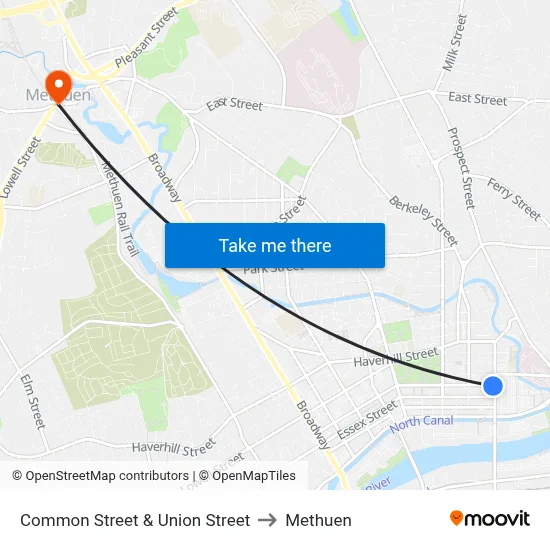 Common Street & Union Street to Methuen map