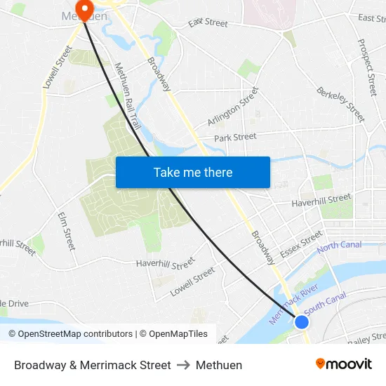 Broadway & Merrimack Street to Methuen map