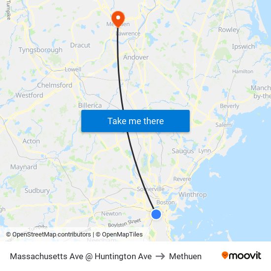 Massachusetts Ave @ Huntington Ave to Methuen map