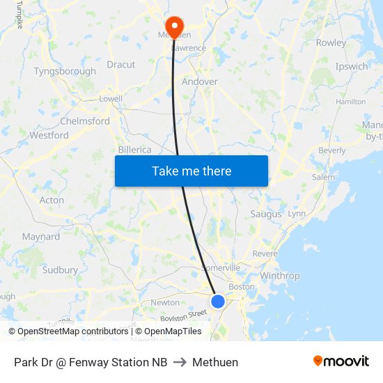 Park Dr @ Fenway Station NB to Methuen map