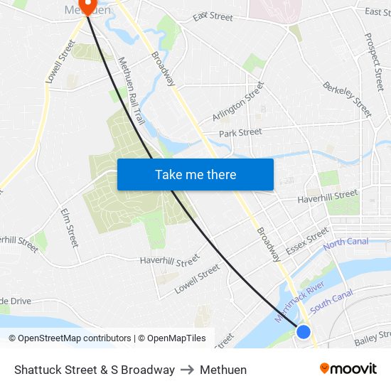 Shattuck Street & S Broadway to Methuen map