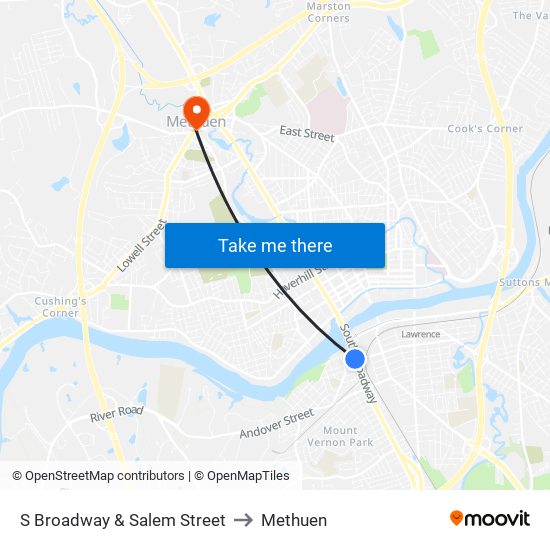 S Broadway & Salem Street to Methuen map