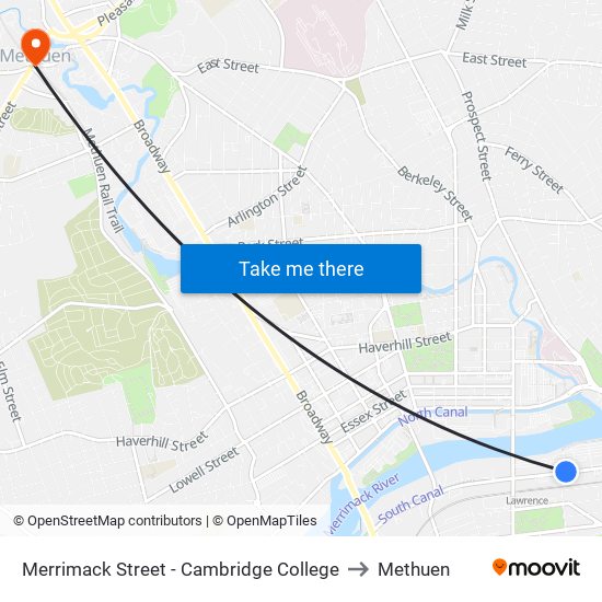 Merrimack Street - Cambridge College to Methuen map