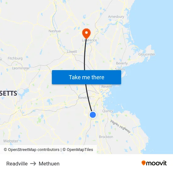 Readville to Methuen map