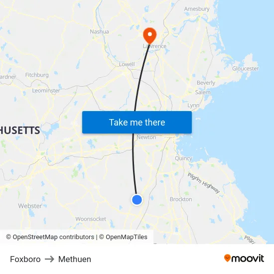 Foxboro to Methuen map
