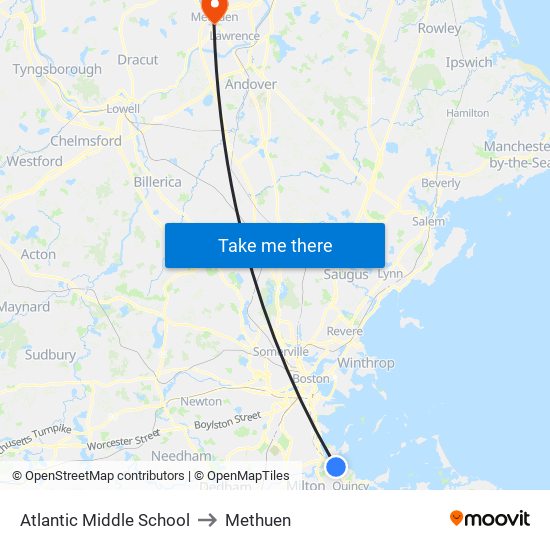 Atlantic Middle School to Methuen map