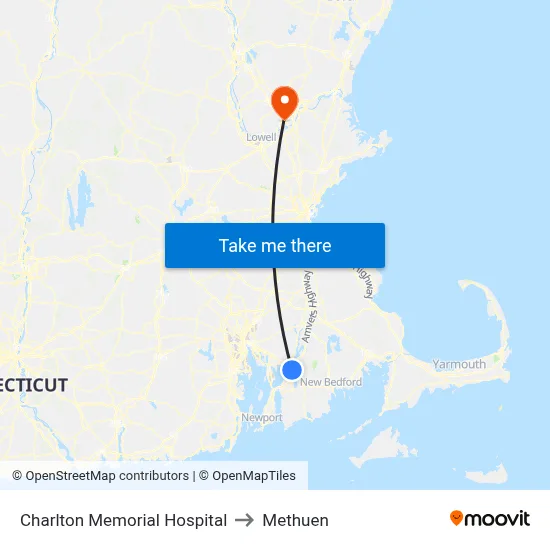 Charlton Memorial Hospital to Methuen map