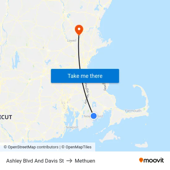 Ashley Blvd And Davis St to Methuen map