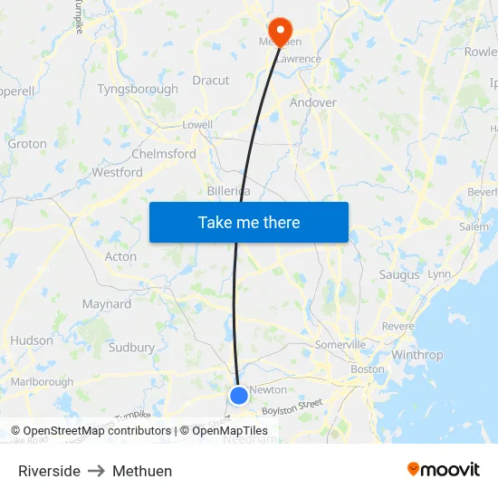 Riverside to Methuen map