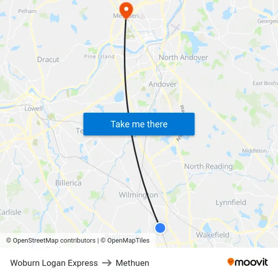 Woburn Logan Express to Methuen map
