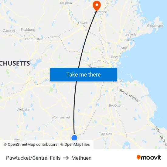 Pawtucket/Central Falls to Methuen map