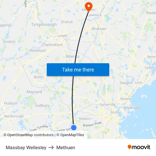 Massbay Wellesley to Methuen map