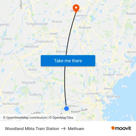 Woodland Mbta Train Station to Methuen map