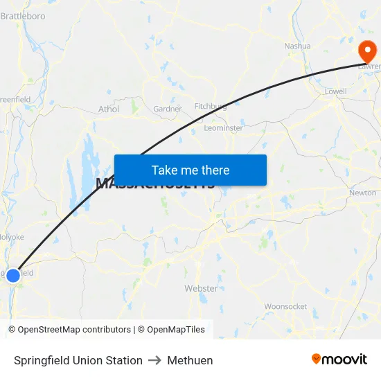 Springfield Union Station to Methuen map