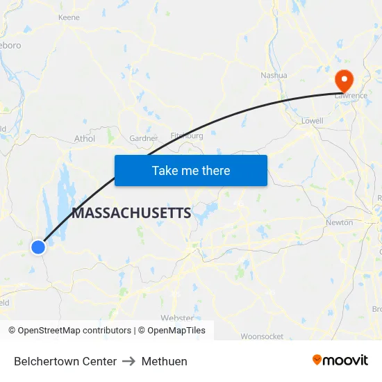 Belchertown Center to Methuen map
