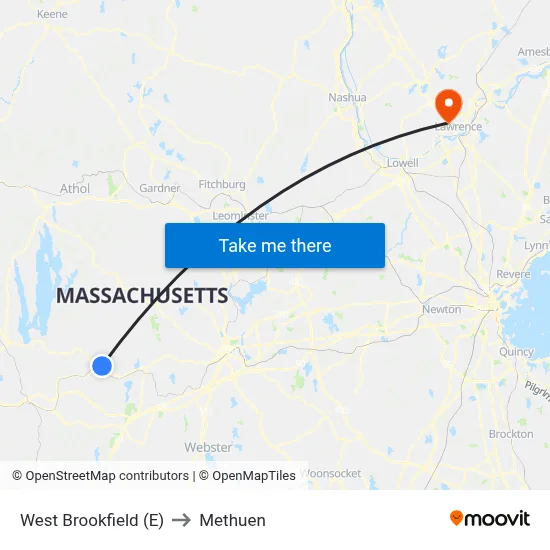 West Brookfield (E) to Methuen map