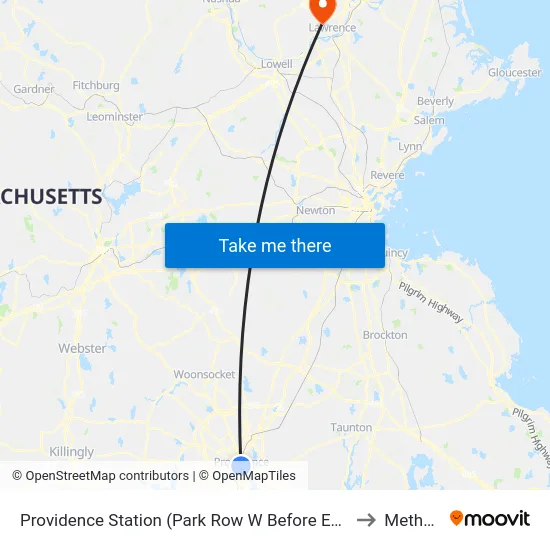Providence Station (Park Row W Before Exchange) to Methuen map